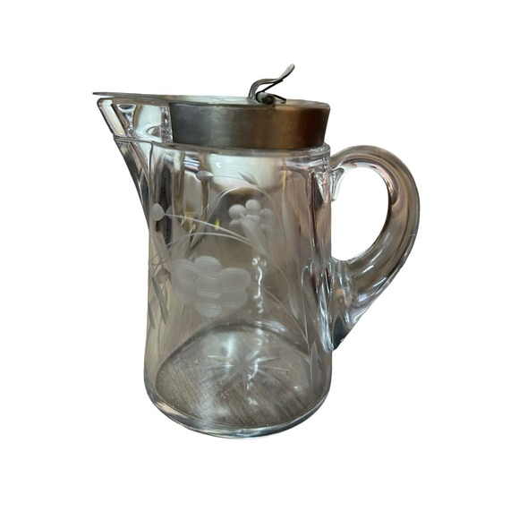 Vintage Cut glass clear syrup pitcher hinged lid thumb tab flower honey decanter - Picture 1 of 4